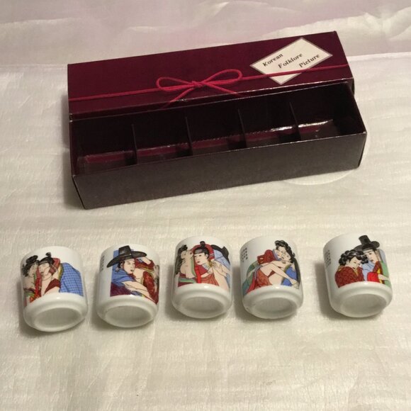 Set of 5 Korean Folklore Pictures Sake Cups, Shot Glasses or ceramic tea cups - Picture 4 of 5